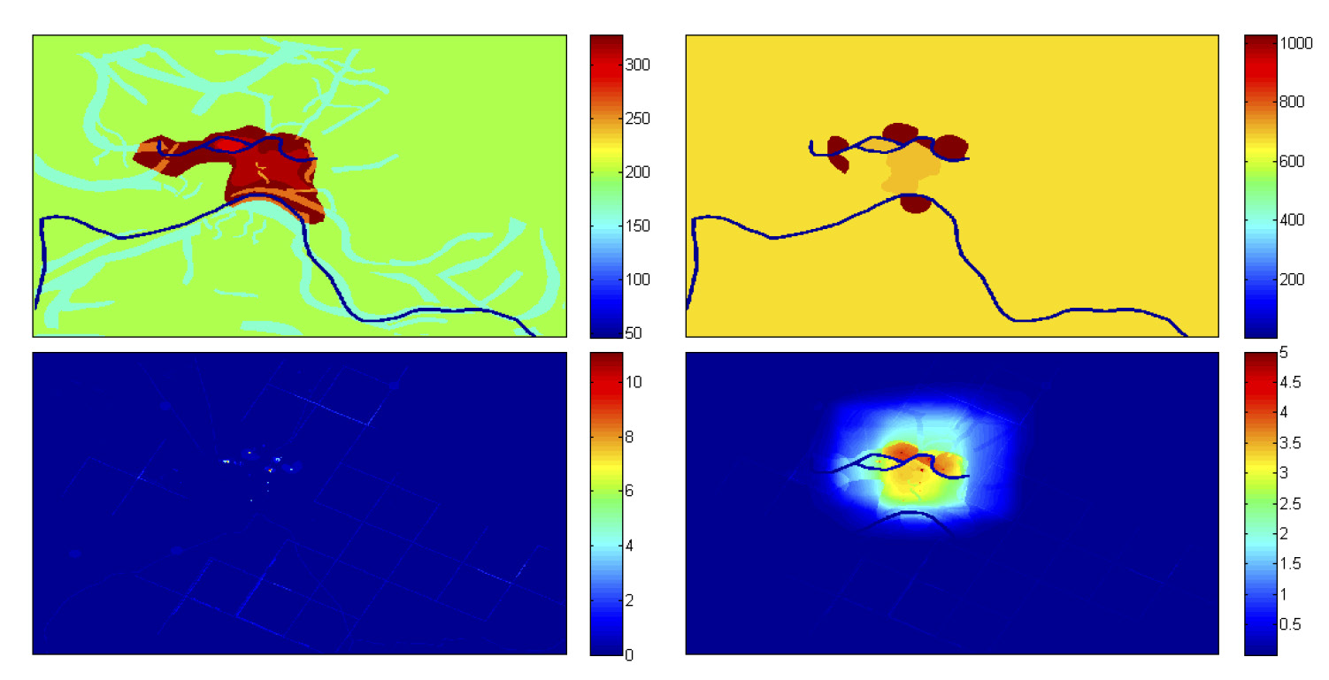 Fig. 2 – Da sinistra in alto, in senso orario: a) il dato geomorfologico: fiumi in blu, pianura e alto morfologico in rosso, il dato geomorfologico medio (dove i dati non sono disponibili) in verde, e i paleoalvei incerti in celeste dentro al verde, in arancione dentro al rosso; b) le aree funzionali: in giallo scuro l’area urbana, in rosso l’area suburbana, in giallo l’area rurale; c) il potenziale archeologico stimato; d) il potenziale assoluto. I valori dei parametri sono: speed_up = 0.75, rel = 0.5, yield = 0.5.