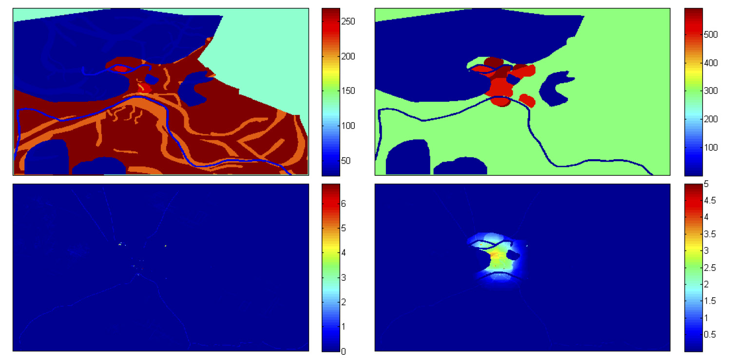 Fig. 3 – Da sinistra in alto, in senso orario: a) il dato geomorfologico: fiumi e area umida sono in blu, pianura e alto morfologico in rosso, il dato geomorfologico medio (dove i dati non sono disponibili) in verde, e i paleoalvei incerti in celeste dentro al verde, in arancione dentro al rosso; b) le aree funzionali: in arancione l’area urbana, in rosso l’area suburbana, in verde l’area rurale; c) il potenziale archeologico stimato; d) il potenziale assoluto. I valori dei parametri sono: speed_up = 0.7, rel = 0.5, yield = 0.5.