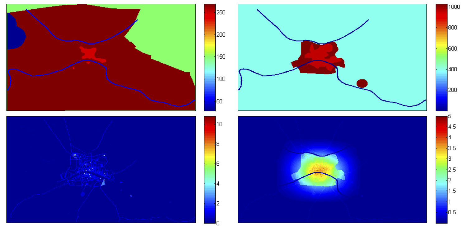 Fig. 4 – Da sinistra in alto, in senso orario: a) il dato geomorfologico: fiumi e area umida sono in blu, pianura e alto morfologico in rosso, il dato geomorfologico medio (dove i dati non sono disponibili) in verde, e le celle al di fuori dell’area di lavoro sono in verde; b) le aree funzionali: in rosso chiaro l’area urbana, in rosso scuro l’area suburbana, in celeste l’area rurale; c) il potenziale archeologico stimato; d) il potenziale assoluto. I valori dei parametri sono: speed_up = 0.7, rel = 0.5, yield = 0.5.