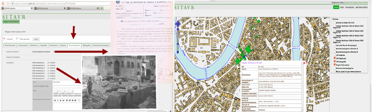 Fig. 2 – Immagini di sintesi: visualizzazione scheda di Origine Informativa (OI) e documenti allegati; interrogazione OI da cartografia.