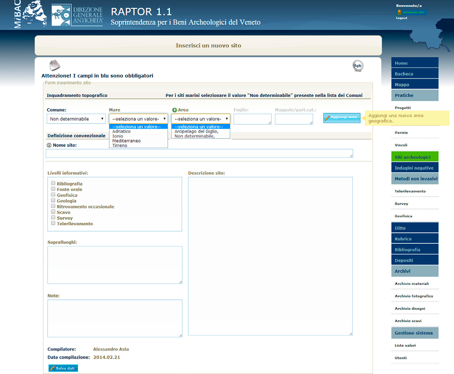 Fig. 1 – Form per l’inserimento delle schede di sito predisposto per la registrazione dei siti marini.