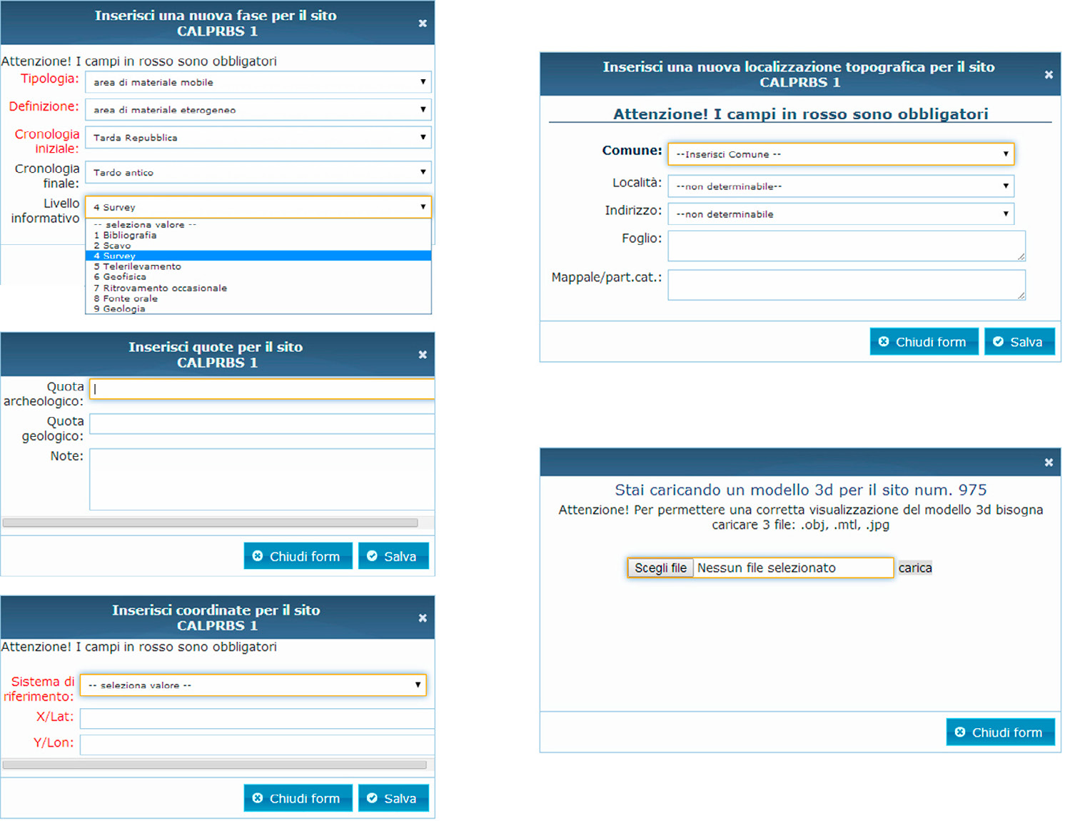 Fig. 3 – Form accessibili dalla sezione “Aggiungi” della scheda monografica di sito.