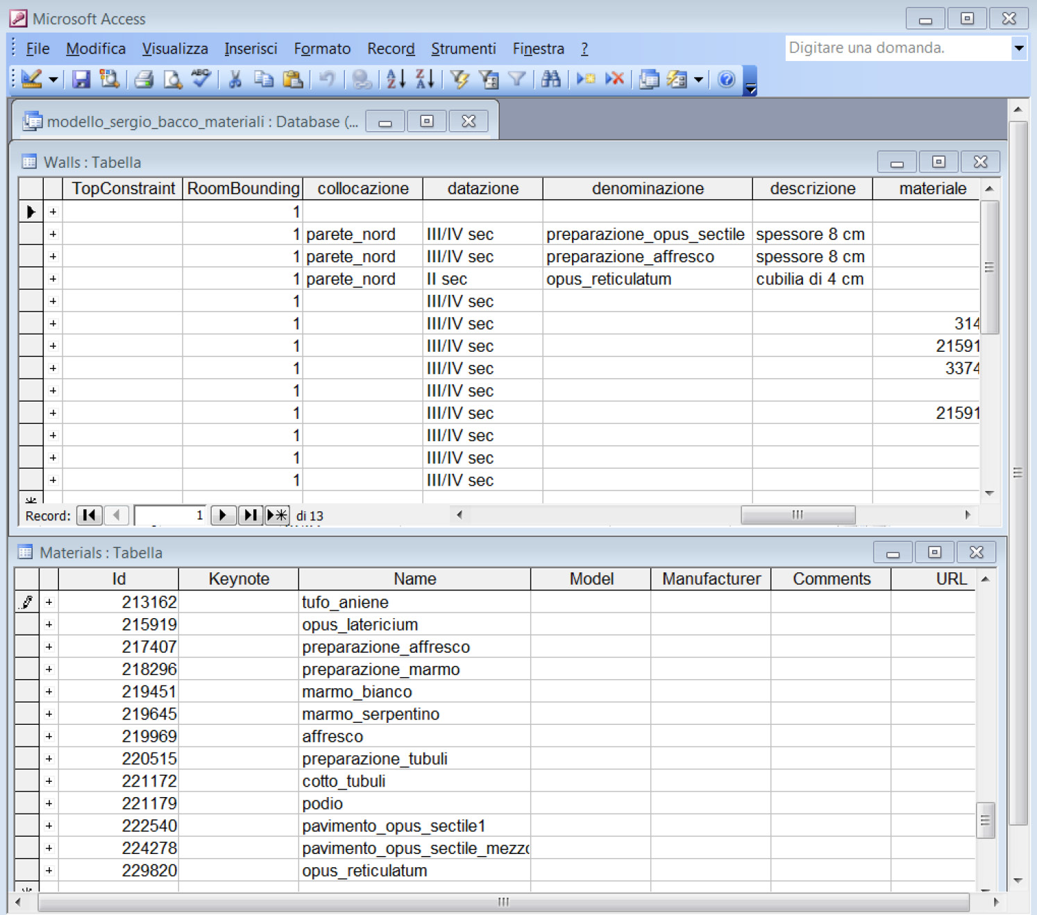 Fig. 9 – Database in formato alfanumerico esportato dal modello tridimensionale ad esso collegato in modo bidirezionale (Microsoft Access).