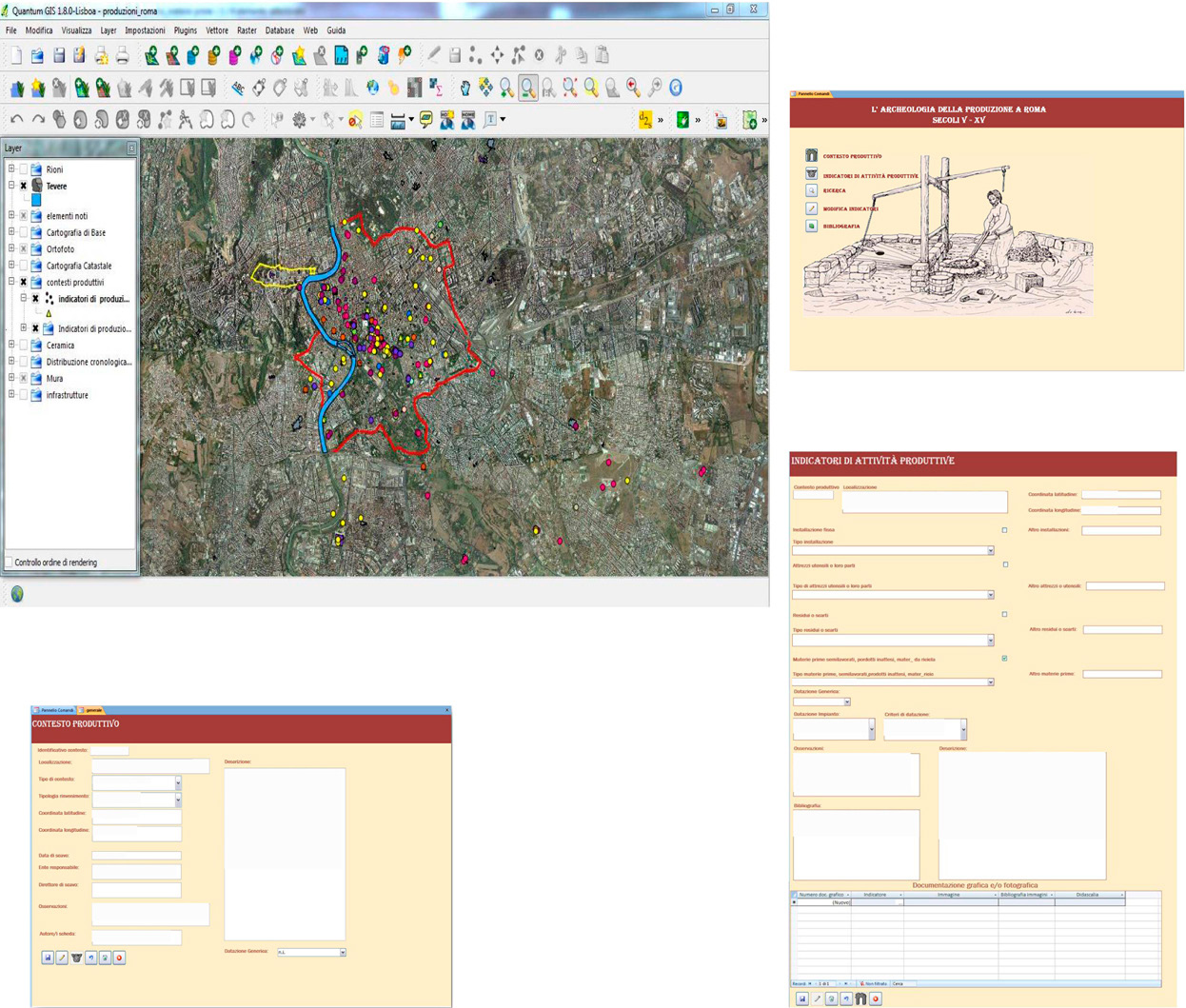 Fig. 1 – Forma Urbis di Roma medievale. Il GIS con il posizionamento di tutti gli indicatori schedati e le maschere principali del database realizzato.