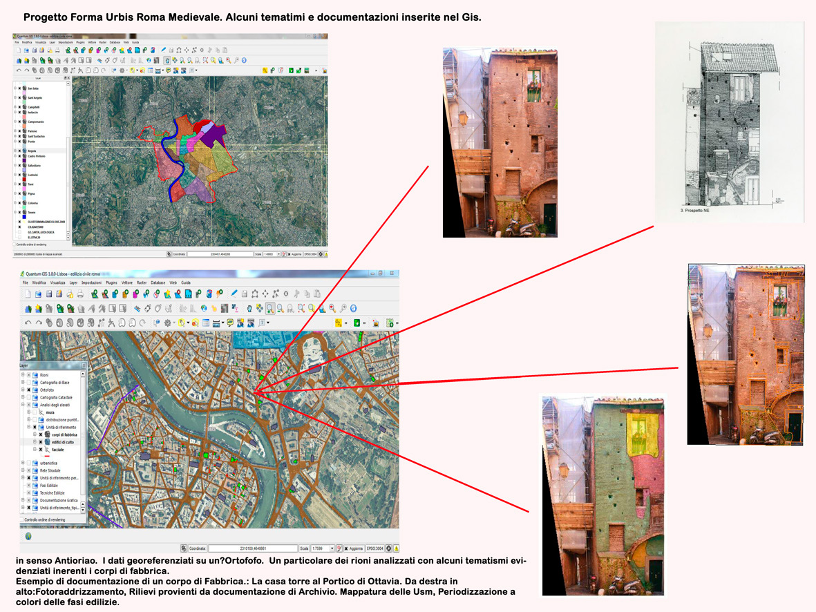 Fig. 2 – Forma Urbis di Roma medievale. Particolare del GIS con il dettaglio dei dati catalogati ed inseriti. Da sinistra in alto, in senso antiorario: i dati georiferiti su ortofoto. Un particolare delle aree analizzate con alcuni tematismi evidenziati inerenti i corpi di fabbrica. Da destra in alto in senso orario: esempi di documentazione e analisi stratigrafica.