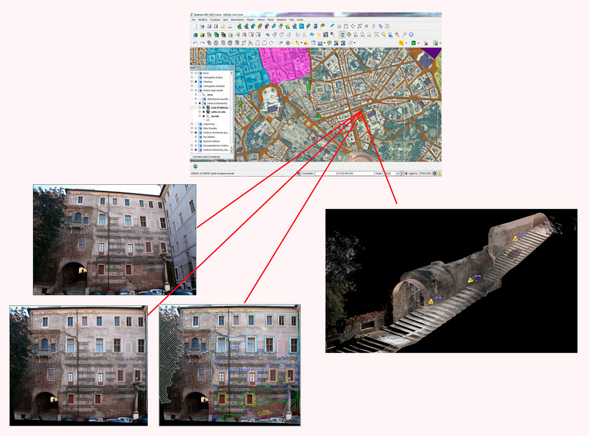 Fig. 3 – Forma Urbis di Roma medievale. In alto al centro visualizzazione di un’area analizzata e documentazione nel dettaglio di uno degli edifici censiti.