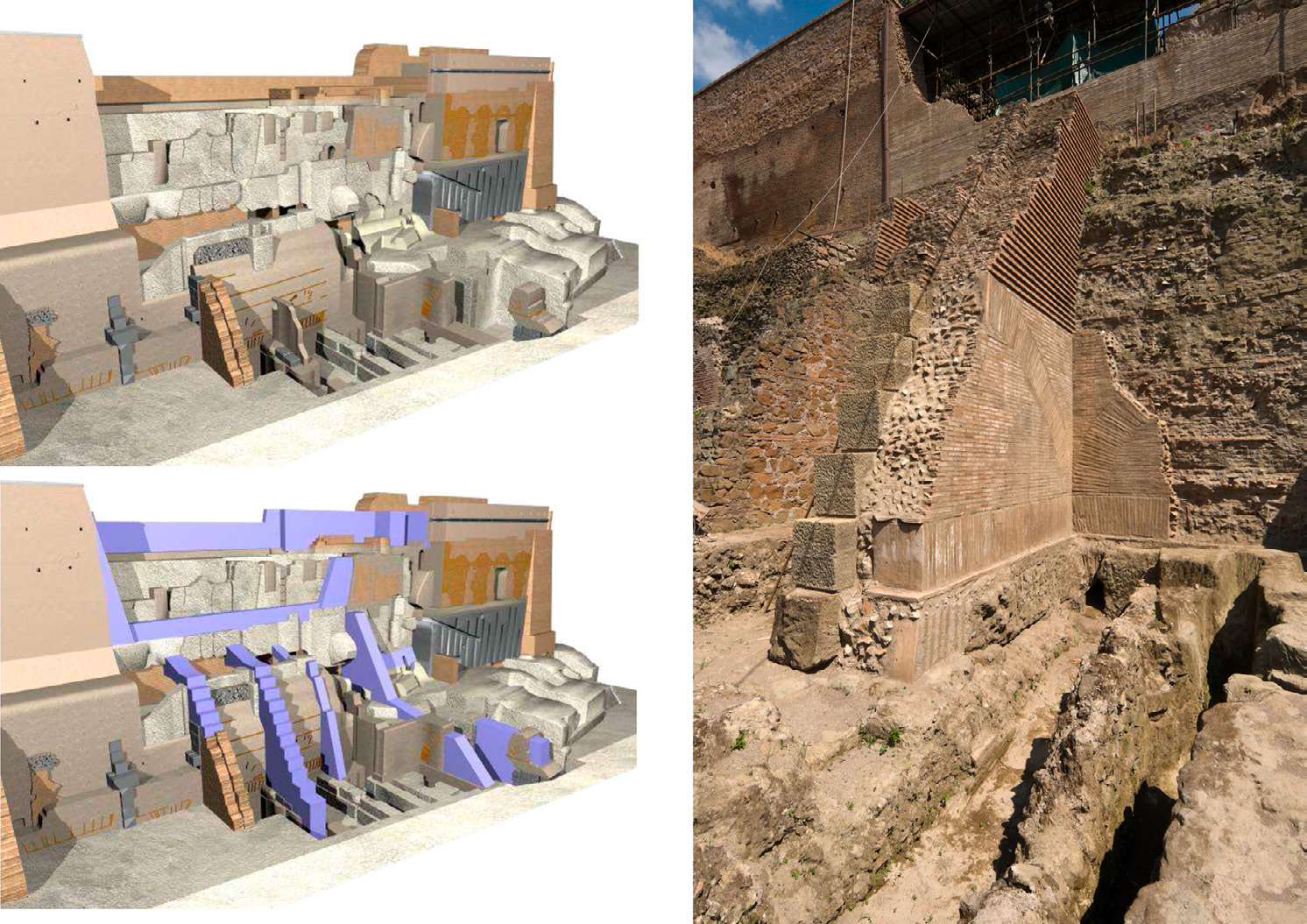 Fig. 6 – Il tratto del bastione farnesiano crollato nel 1821, rivolto verso il Velabro. Restituzione in 3D dello stato di fatto e di progetto (M.G. Pelletti 2006); i contrafforti realizzati per il consolidamento strutturale del fronte dopo il restauro (fotografia di Z. Colantoni, archivio SSBAR, 2010).