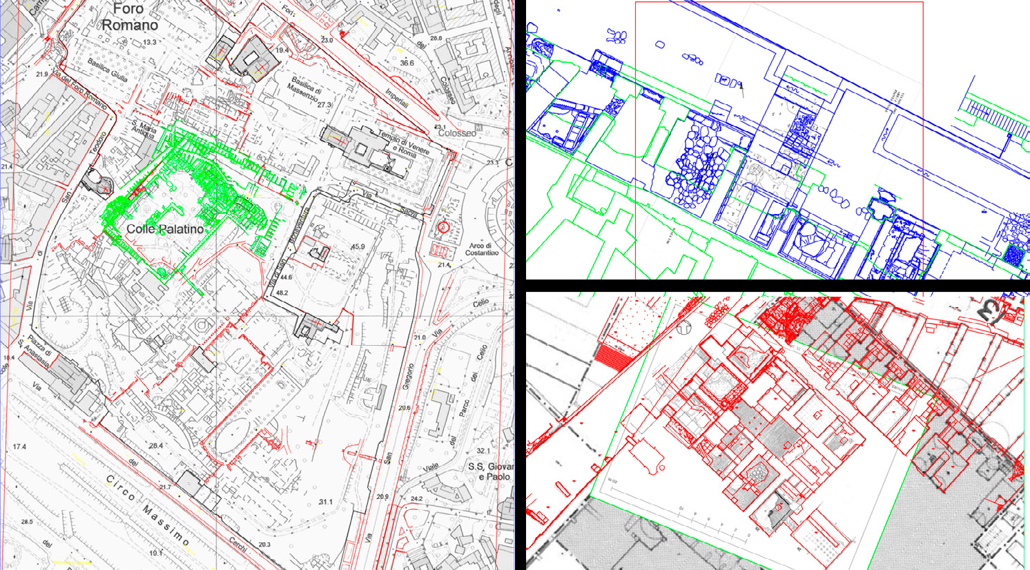 Fig. 7 – Esempi di georeferenziazione di planimetrie raster e vettoriali a diverse scale di dettaglio.