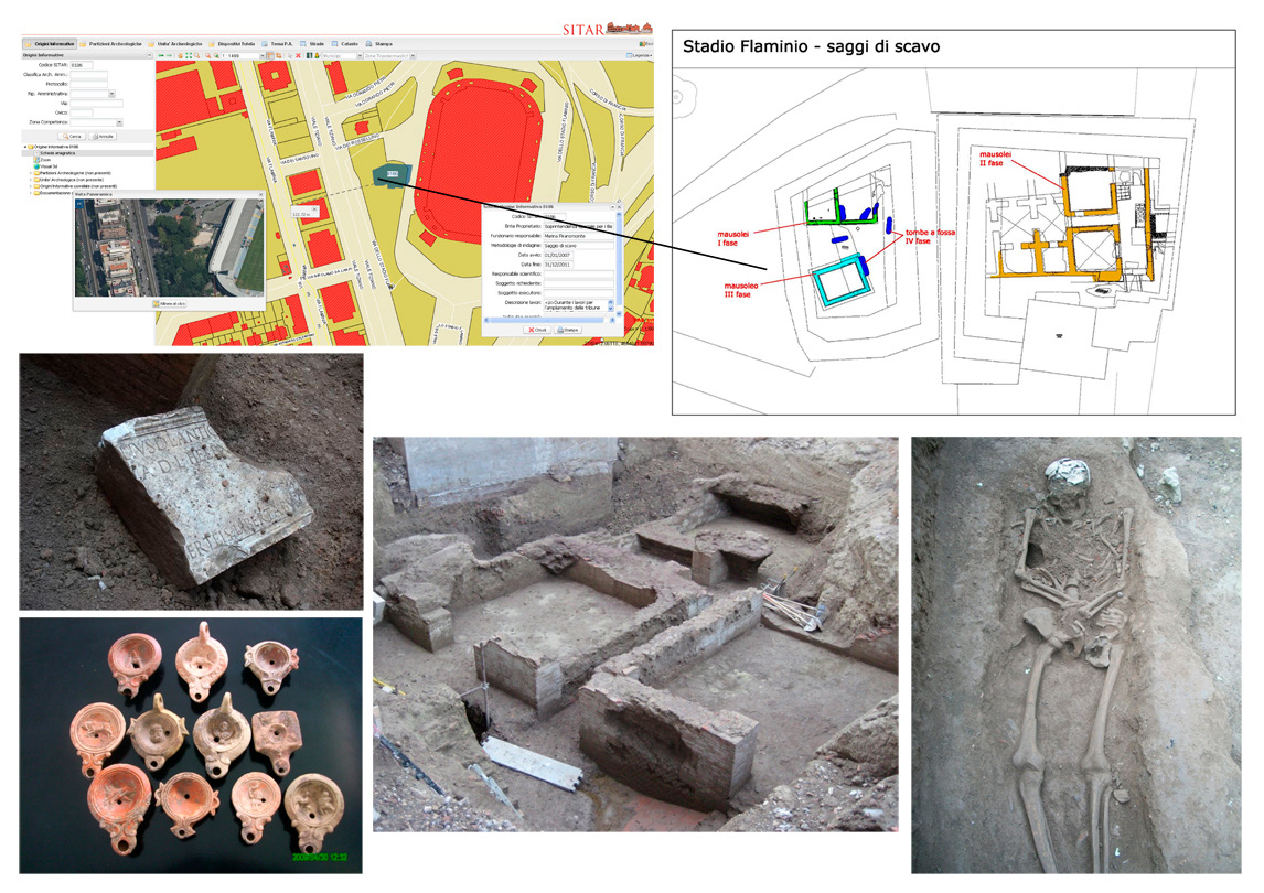 Fig. 2 – Stadio Flaminio, planimetria degli edifici funerari rinvenuti e particolari dei resti venuti alla luce durante lo scavo archeologico. Elaborazione A. Casaramona e C. Cordone.