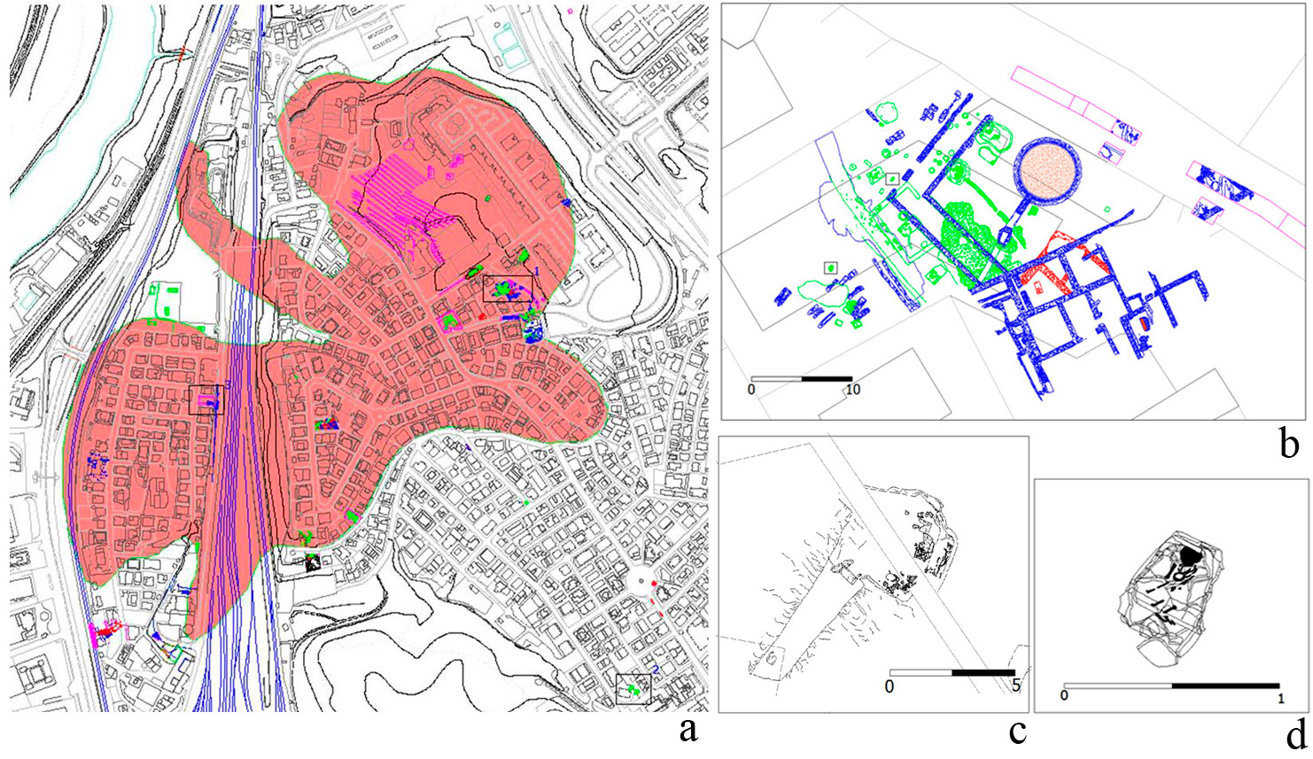 Fig. 5 – Antica città di Fidenae: a) carta archeologica su base CTR in formato vettoriale; b-d) esempi di visualizzazione dei rilievi in formato vettoriale alle diverse scale di dettaglio (disegni a china: Pragma SrL; elaborazione A. Ceccarelli).