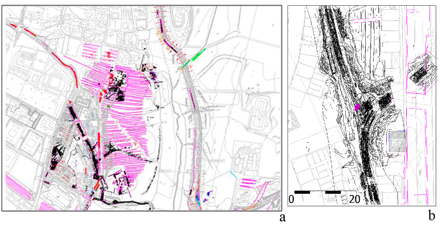 Fig. 6 – Boccone d’Aste. Tenuta Talenti Nord: a) carta archeologica su base CTR in formato vettoriale; b) resa di rilievo di tagliata stradale in ambiente Autocad (disegni a china: Pragma SrL; elaborazione A. Ceccarelli).