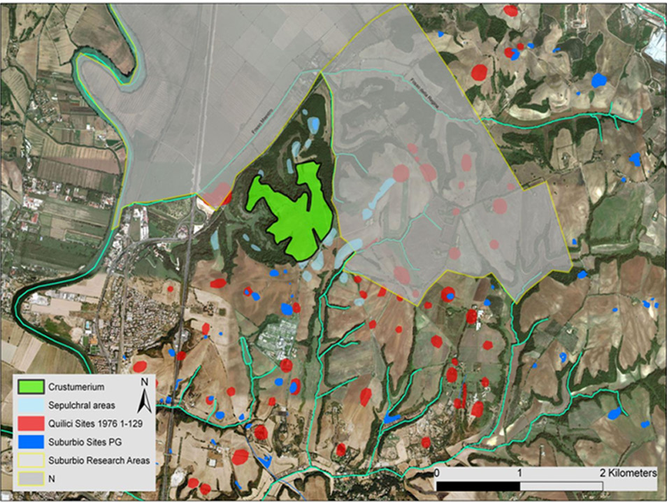 Fig. 8 – GIS di Crustumerium e del suo territorio: mappatura delle diverse indagini di superficie (elaborazione J.F. Seubers).