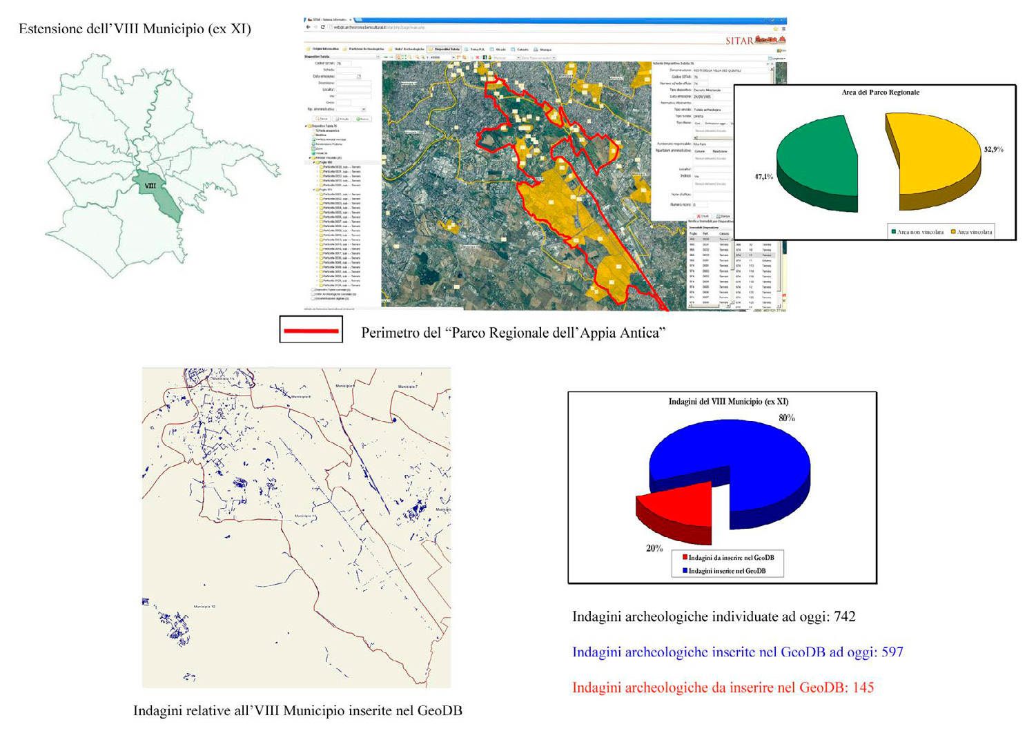 Fig. 1 – Il Parco regionale dell’Appia Antica e l’VIII Municipio: aree sottoposte a tutela diretta e/o indiretta e distribuzione delle indagini archeologiche (elaborazione S. Picciola).