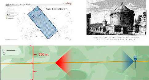 Fig. 4 – Il sepolcro di Cecilia Metella e l’area del Castrum Caetani elaborati nel sistema SITAR e nella ricostruzione proposta da Canina nel 1853. Sotto, l’area del campione di studio prescelto considerando il campo visivo del passante lungo la via Appia (rielaborazione grafica di R. Dubbini).