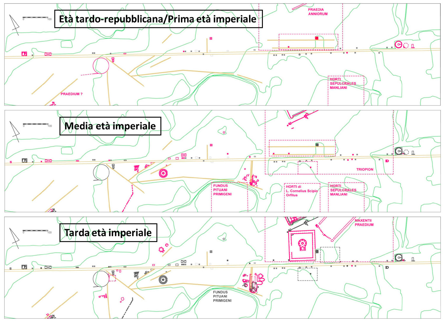 Fig. 5 – Lo sviluppo del paesaggio della via Appia dall’epoca tardo-repubblicana fino alla tarda età imperiale (rielaborazione grafica di R. Dubbini).