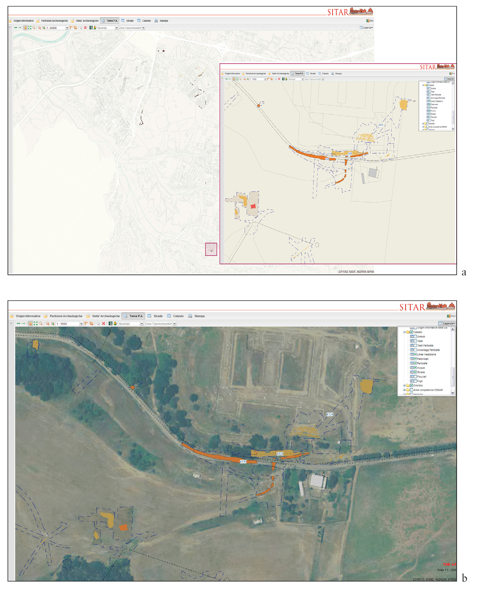 Fig. 14 – Roma, Municipio IX Ovest. Tenuta di Trigoria: a) carta tematica finalizzata alla divulgazione con la localizzazione delle strade e dei sistemi di coltivazione a giorno in cave di tufo; b) ortofoto con possibilità di posizionamento delle medesime evidenze riscontrate nel territorio. Elaborazione F. Lamonaca, R. Palombella.