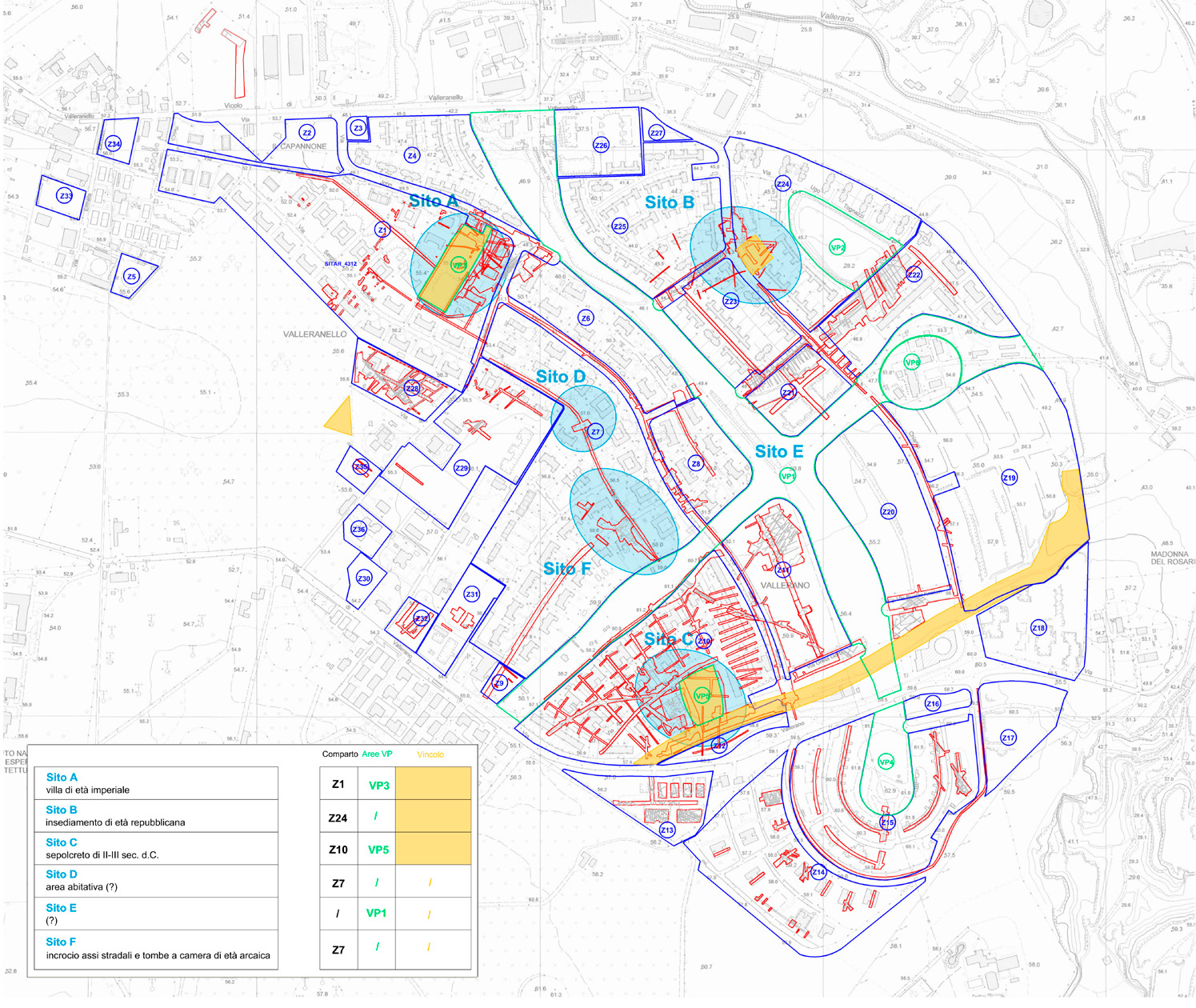 Fig. 15 – Roma, Municipio IX Ovest. Comprensorio di Vallerano: partizione archeologica che tiene conto delle emergenze archeologiche sottosposte a vincolo in rapporto alle costruzioni moderne per le verifiche dei livelli di tutela (elaborazione F. Lamonaca-R. Palombella).