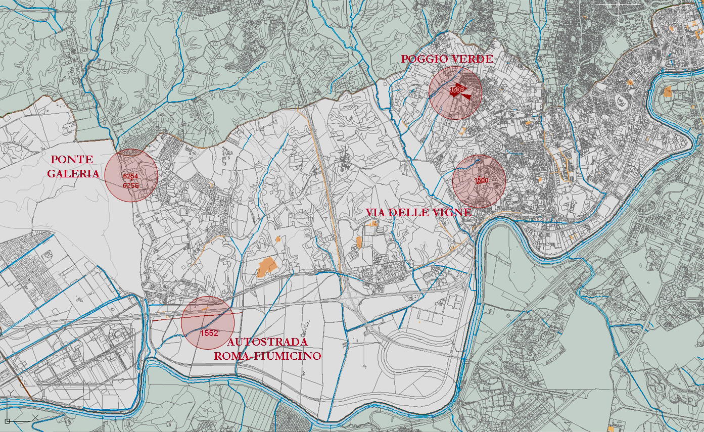 Fig. 2 – Il territorio del Municipio XI. Alcuni siti sottoposti a procedura di tutela archeologica (elaborazione grafica P. Gringmuth).