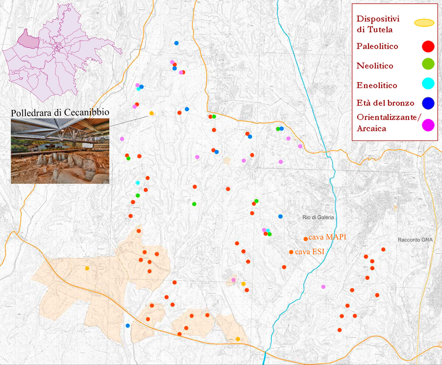 Fig. 1 – Carta di distribuzione dei rinvenimenti nel territorio del XIII Municipio Ovest.