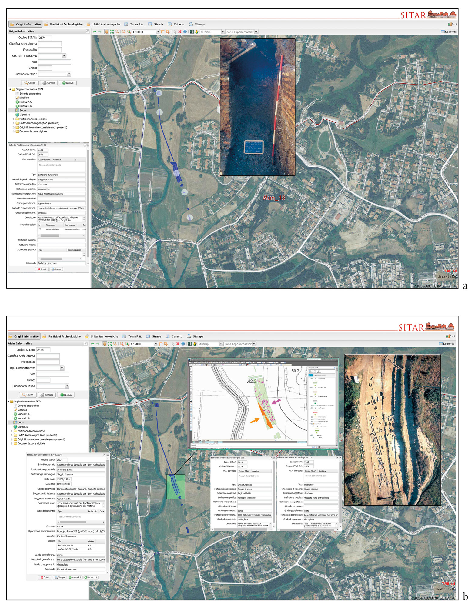 Fig. 3 – Tratti dell’acquedotto Alsietino (a) del tracciato viario e della necropoli (b) rinvenuti nei pressi di via di Casal Selce (elaborazione F. Lamonaca, A. Treglia).