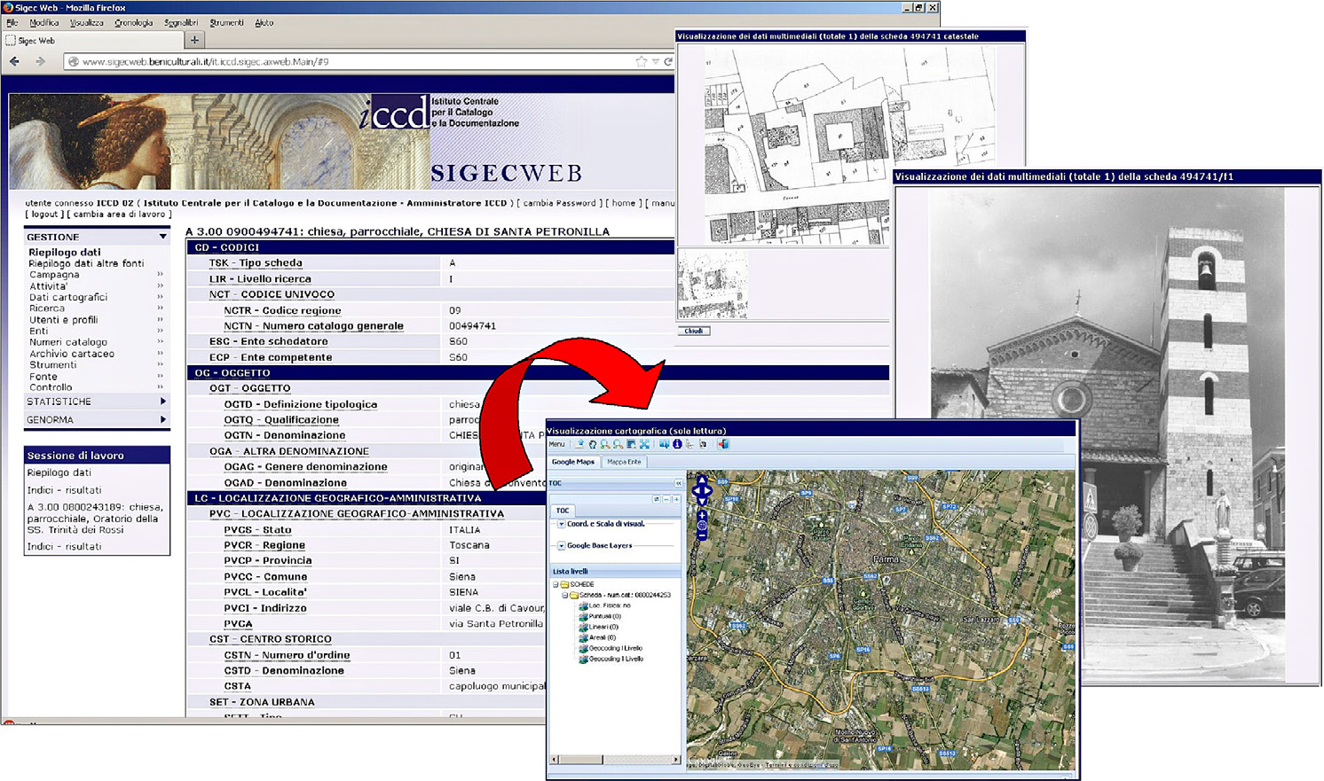 Fig. 1 – SIGECweb: visualizzazione di una scheda di catalogo di un bene architettonico con i collegamenti alla documentazione allegata (mappa catastale, documentazione fotografica, rappresentazione cartografica).