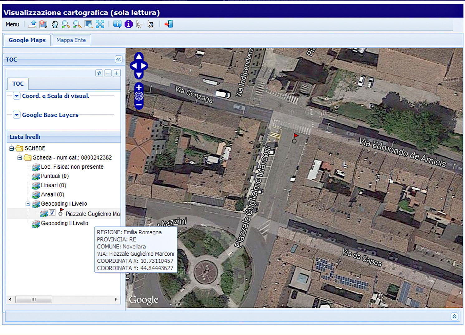 Fig. 3 – SIGECweb: esempio di rappresentazione in cartografia di un bene architettonico in base alla localizzazione geografico-amministrativa (geocoding) e alla sua georeferenziazione puntuale.