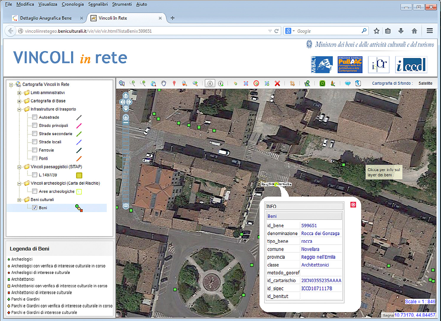 Fig. 5 – Sistema informativo Vincoli in Rete (VIR): rappresentazione su cartografia dei beni provenienti dalle tre banche dati interoperanti (Carta del Rischio, Beni Tutelati, SIGECweb) ed esempio di interrogazione dell’anagrafica di un bene.