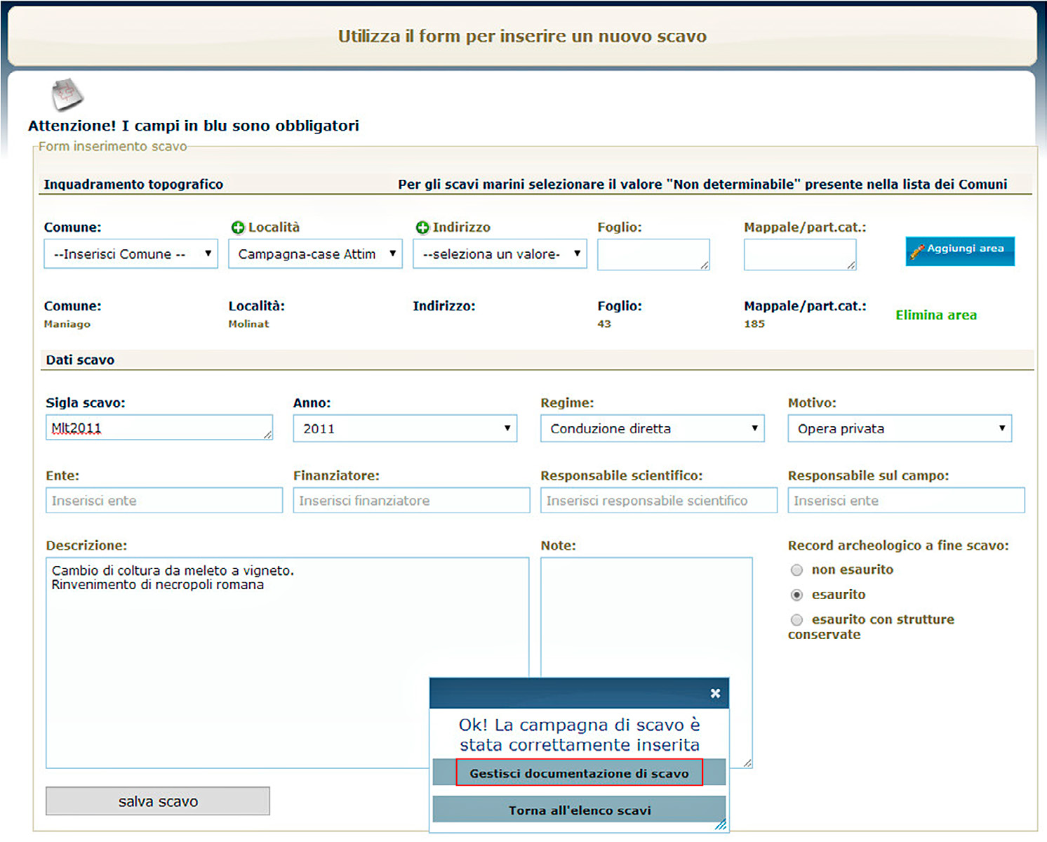 Fig. 2 – “Archivio scavi”: prima schermata di compilazione con finestra nodo.