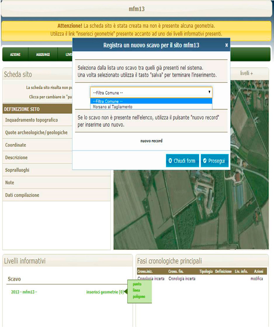 Fig. 5 – Scheda di sito con finestra filtro per il collegamento della documentazione di scavo; una volta effettuata l’operazione il link comparirà nei livelli informativi con accanto la gestione delle geometrie.