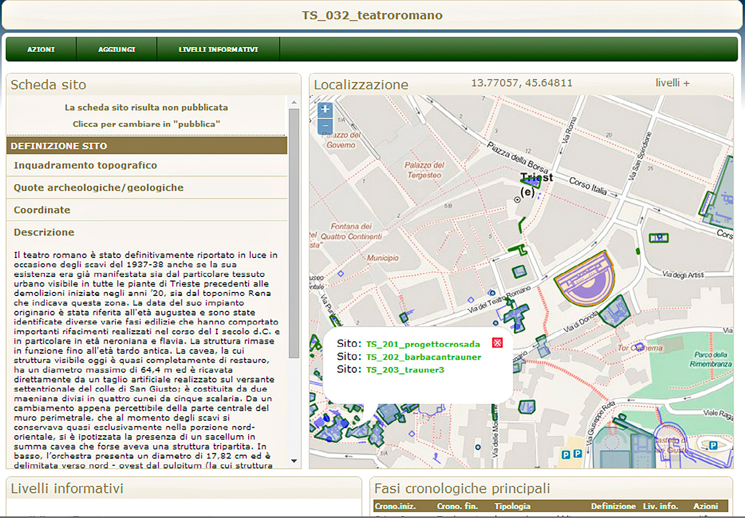 Fig. 8 – Trieste: scheda di sito del teatro romano e interrogazione delle geometrie limitrofe che consentono di aprire altrettante schede.