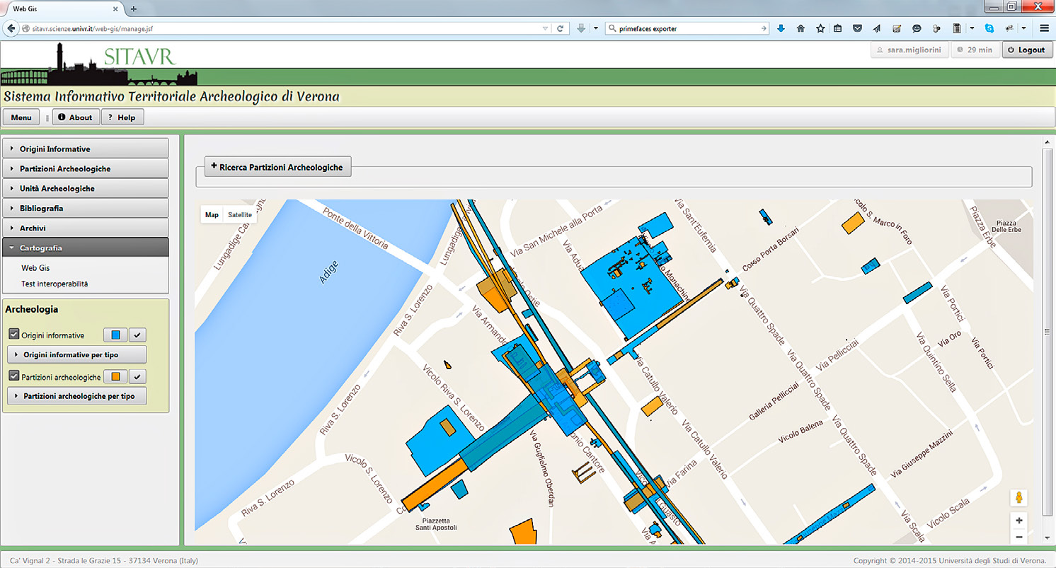 Fig. 1 – L’area tra Porta Borsari e Piazza Erbe, oggetto della catalogazione 2011-2012 (sono evidenziati in azzurro gli scavi e le altre indagini, in giallo le strutture archeologiche).