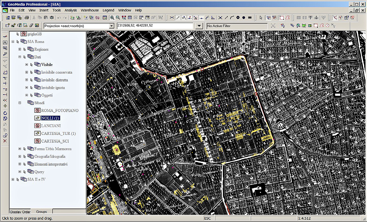 Fig. 4 – Pianta del Nolli (particolare). Zona del Castro Pretorio con sovrapposizione (in giallo) delle UT individuate nell’area.