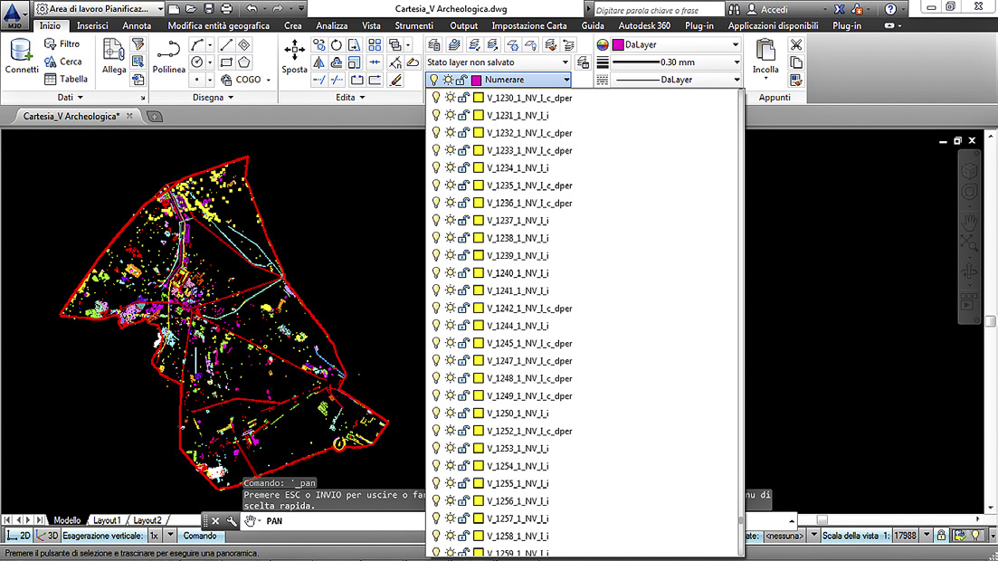 Fig. 5 – File CAD della V Regio. Ogni oggetto grafico è compreso all’interno di un layer. Questi corrispondono all’identificativo presente nella relativa tabella Access (Fig. 6).