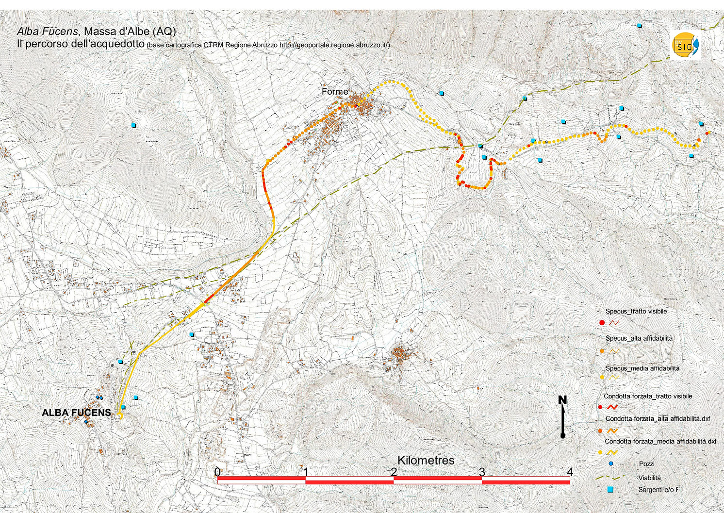 Fig. 1 – Il percorso dell’acquedotto di Alba Fucens, Massa d’Albe (AQ), su base cartografica CTRM della Regione Abruzzo (http://geoportale.regione.abruzzo.it/).