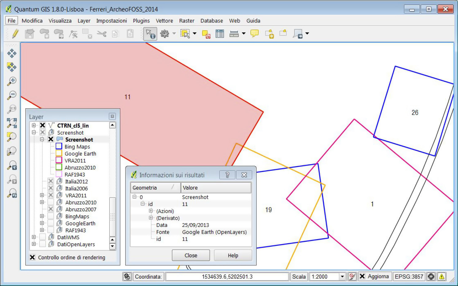 Fig. 2 – Esempio di interrogazione dello shapefile degli screenshot georiferiti (Capestrano, loc. Monaresca).