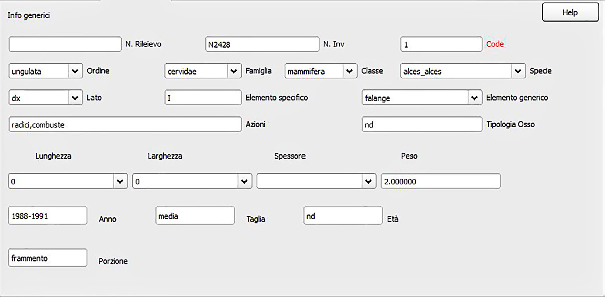 Fig. 2 – Scheda archeozoologica: sezione Inserimento dati.