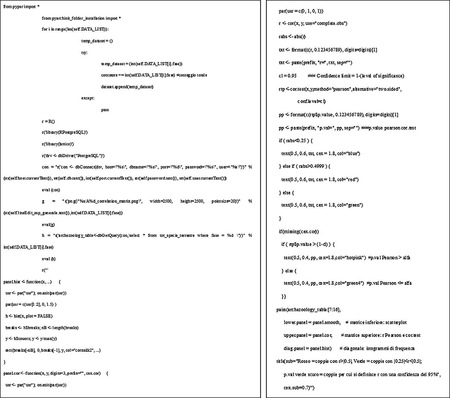 Figg. 4-5 – Blocco di codice per la creazione della matrice di correlazione delle prime 10 specie presenti nella tabella tot_specie_terrestre (in pyarchinit_Archeozoology_mainapp.py linea 2327-2399).