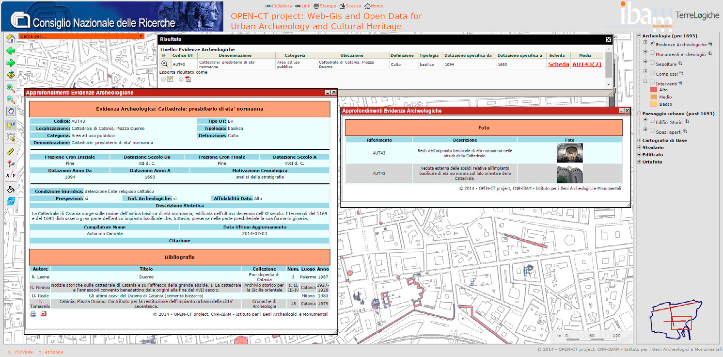 Fig. 10 – Piattaforma webGIS: Esempi di scheda di dettaglio e scheda risorse multimediali.