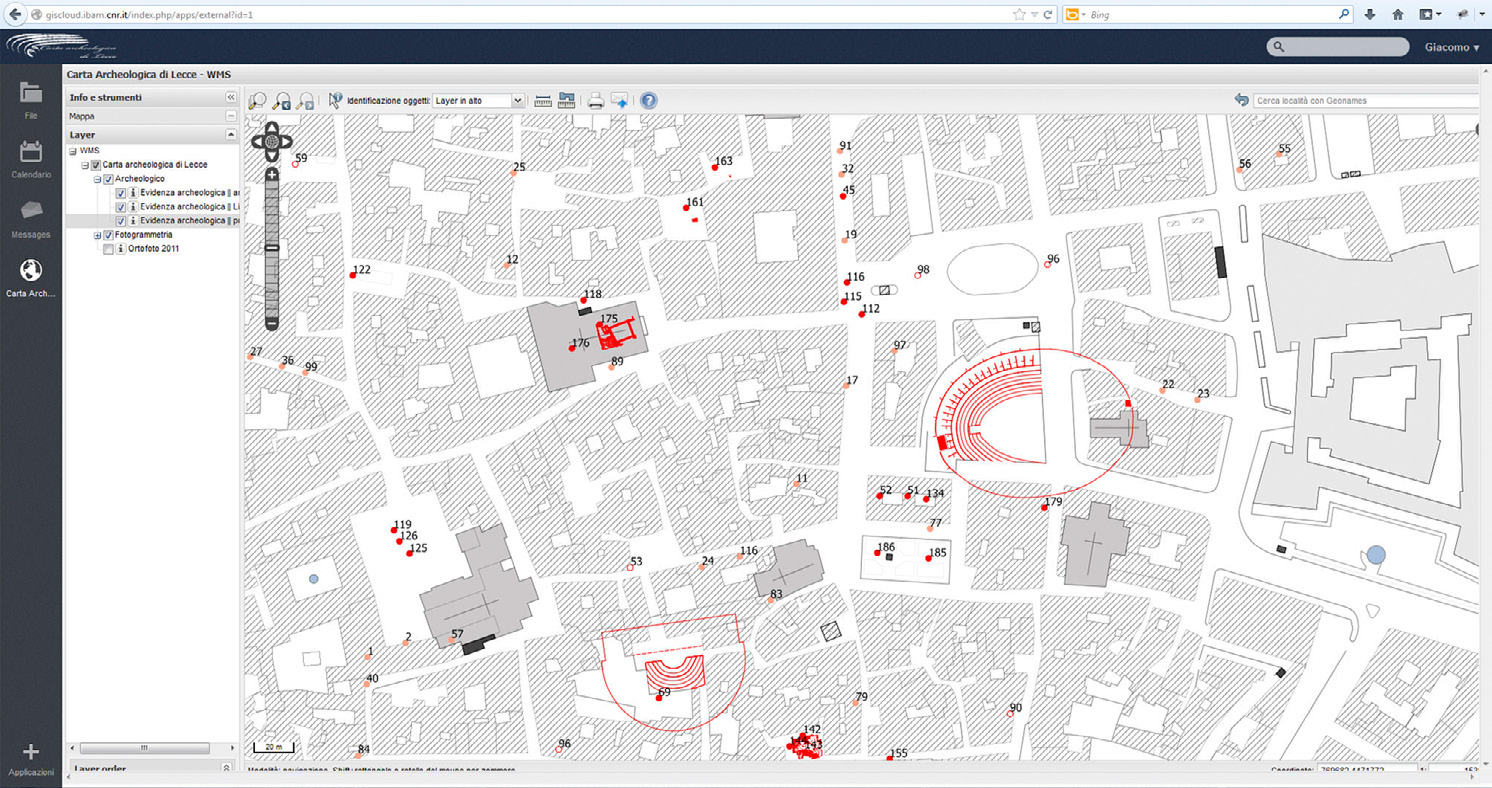 Fig. 1 – Lecce. L’applicazione GIS all’interno del cloud. La carta archeologica è navigabile attraverso il browser web.