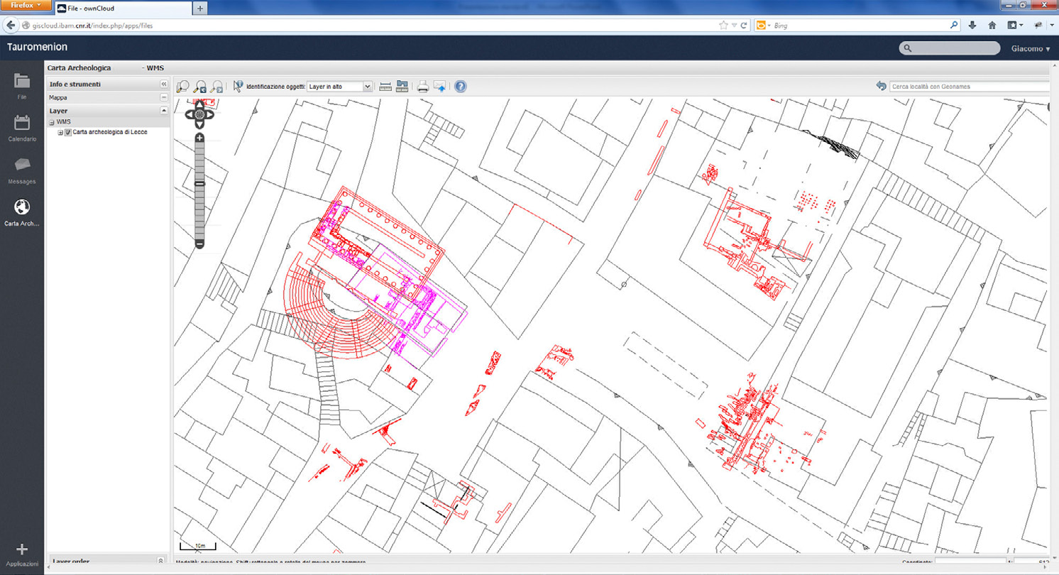 Fig. 2 – Il GIS cloud di Taormina: a sinistra il cruscotto per accedere alle altre applicazioni disponibili nel cloud.