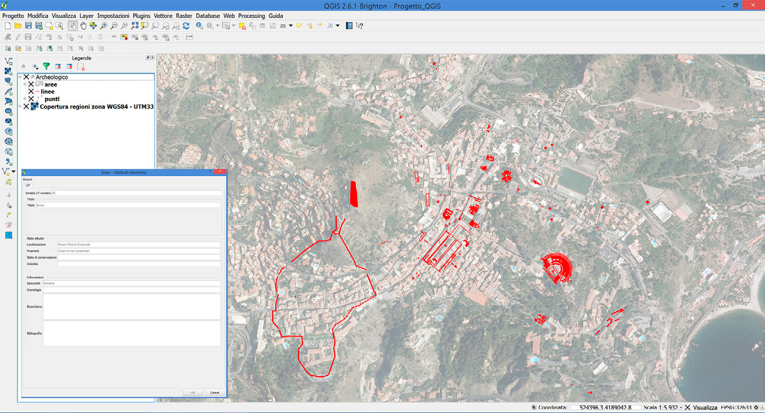 Fig. 4 – Il progetto Taormina gestito attraverso QuantumGIS, nella Intranet del CNR-IBAM di Lecce.