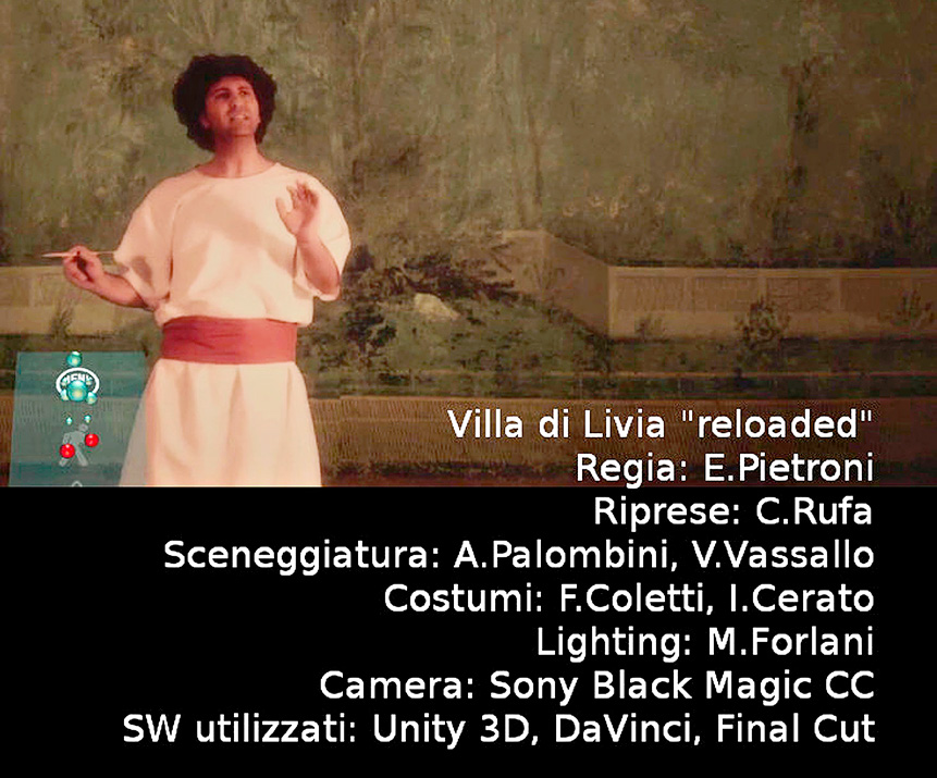 Fig. 1 – Immagine dal video “Il pittore”, nell’applicazione “Villa di Livia Reloaded”, con l’indicazione delle figure professionali che hanno collaborato alla realizzazione.