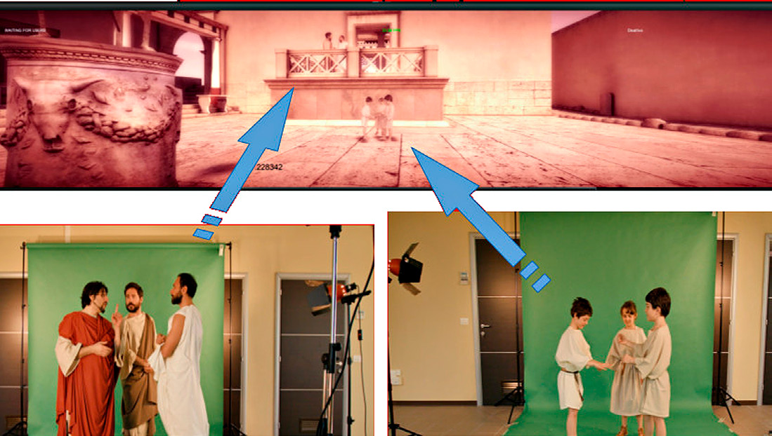 Fig. 3 – Tecniche di realizzazione di video in mixed reality: gli attori reali, che recitano contro uno sfondo uniforme sono poi inseriti negli scenari virtuali (video dal contesto di Lucus Feroniae nell’applicazione “Museo Virtuale della Valle del Tevere”).