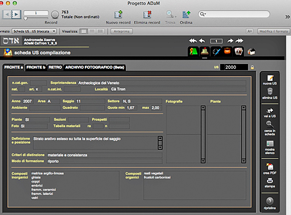 Fig. 1 – Schermata frontale di una scheda US registrata in AdaM.