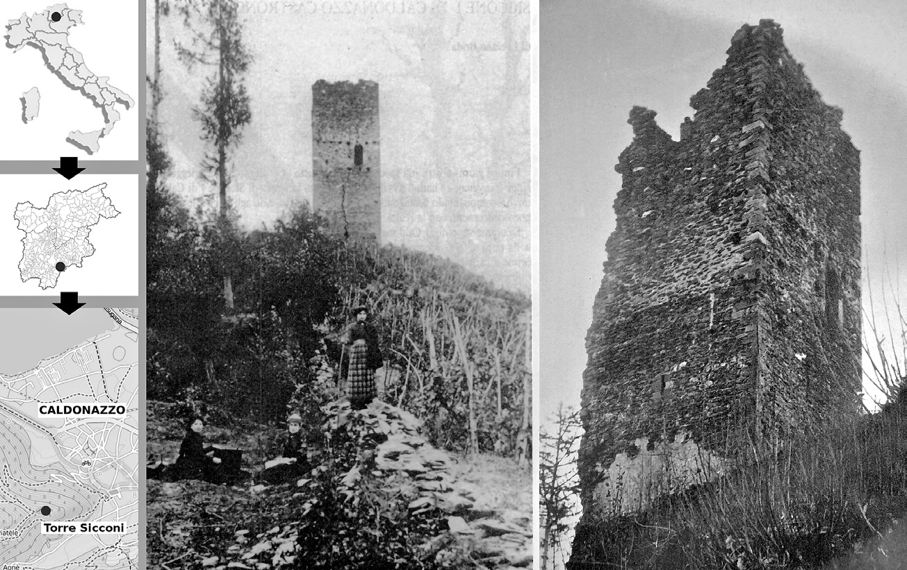 Fig. 1 – Localizzazione del sito (a sinistra) con alcune fotografie storiche di inizio Novecento che ritraggono il rudere della torre prima del definitivo abbattimento del 1915 (in centro e a destra).