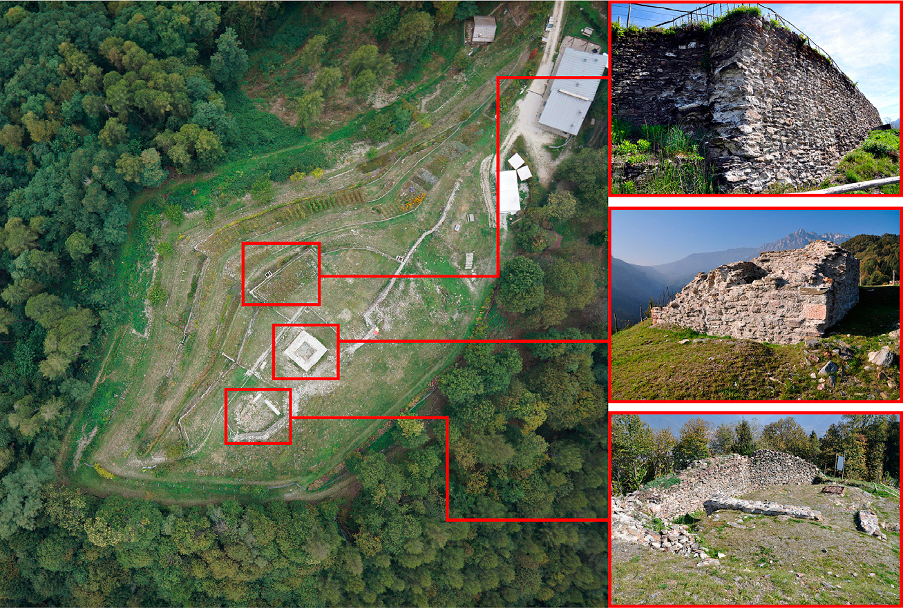 Fig. 2 – Foto zenitale del dosso di Monte Rive con evidenziate le principali strutture del castello, ossia la cortina muraria difensiva (in alto a destra), la torre (in centro a destra) e il palazzo (in basso a destra).