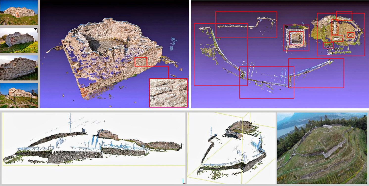 Fig. 3 – Il rilievo tridimensionale della torre (in alto a sinistra), la suddivisione del castello in 12 zone di acquisizione (in alto a destra) e il modello finale con le 12 acquisizioni riunite comparate con la fotografia aerea (in basso).