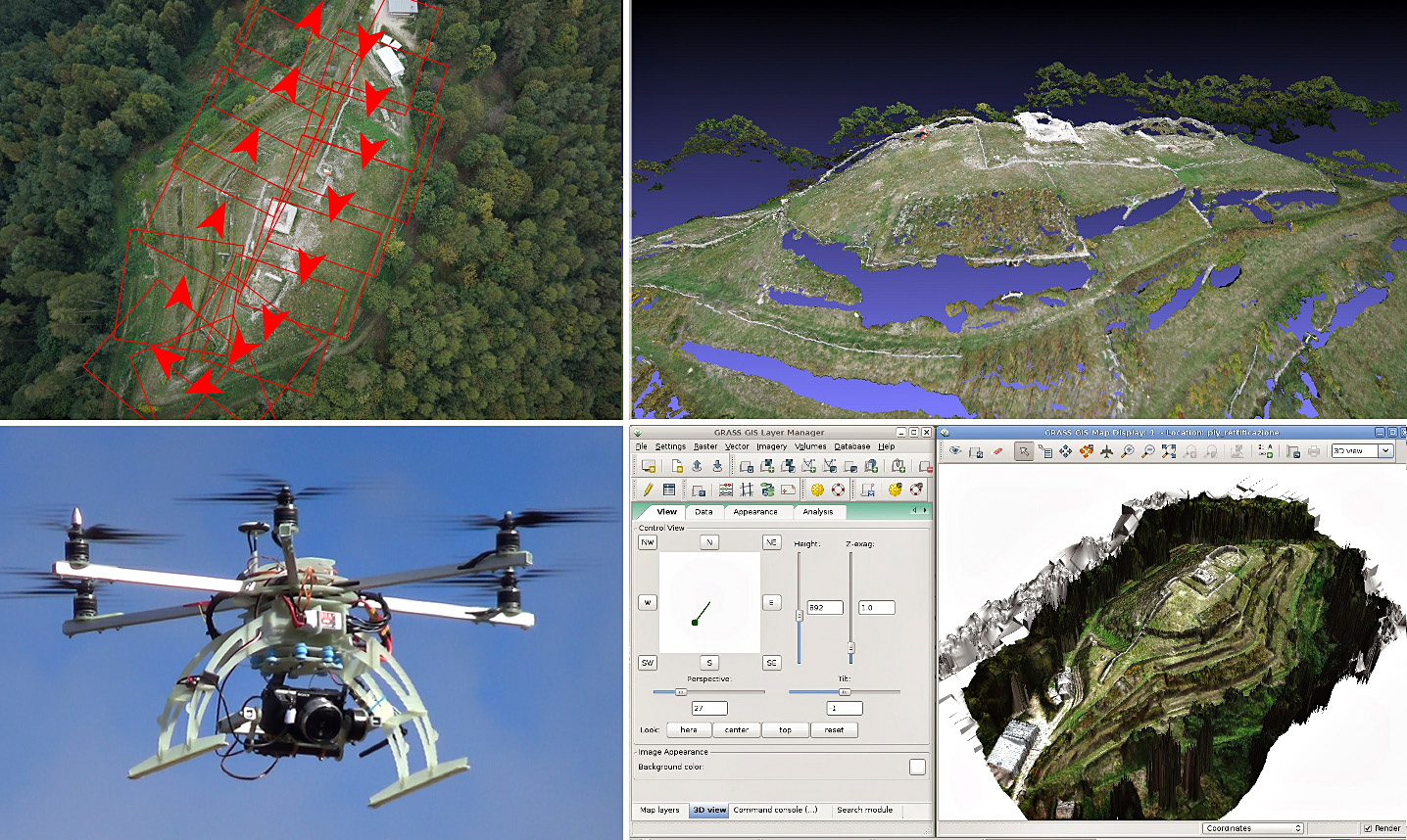 Fig. 4 – Il piano di volo della campagna di rilievo aereo (in alto a sinistra), il drone esacottero utilizzato (in basso a sinistra), il modello digitale ottenuto con MicMac (in alto a destra) e la visualizzazione del DEM nel visualizzatore 3D di GRASS GIS (in basso a destra).