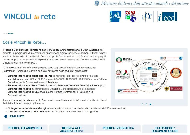 Fig. 4 – La home page del Sistema informativo “Vincoli in Rete” (VIR).