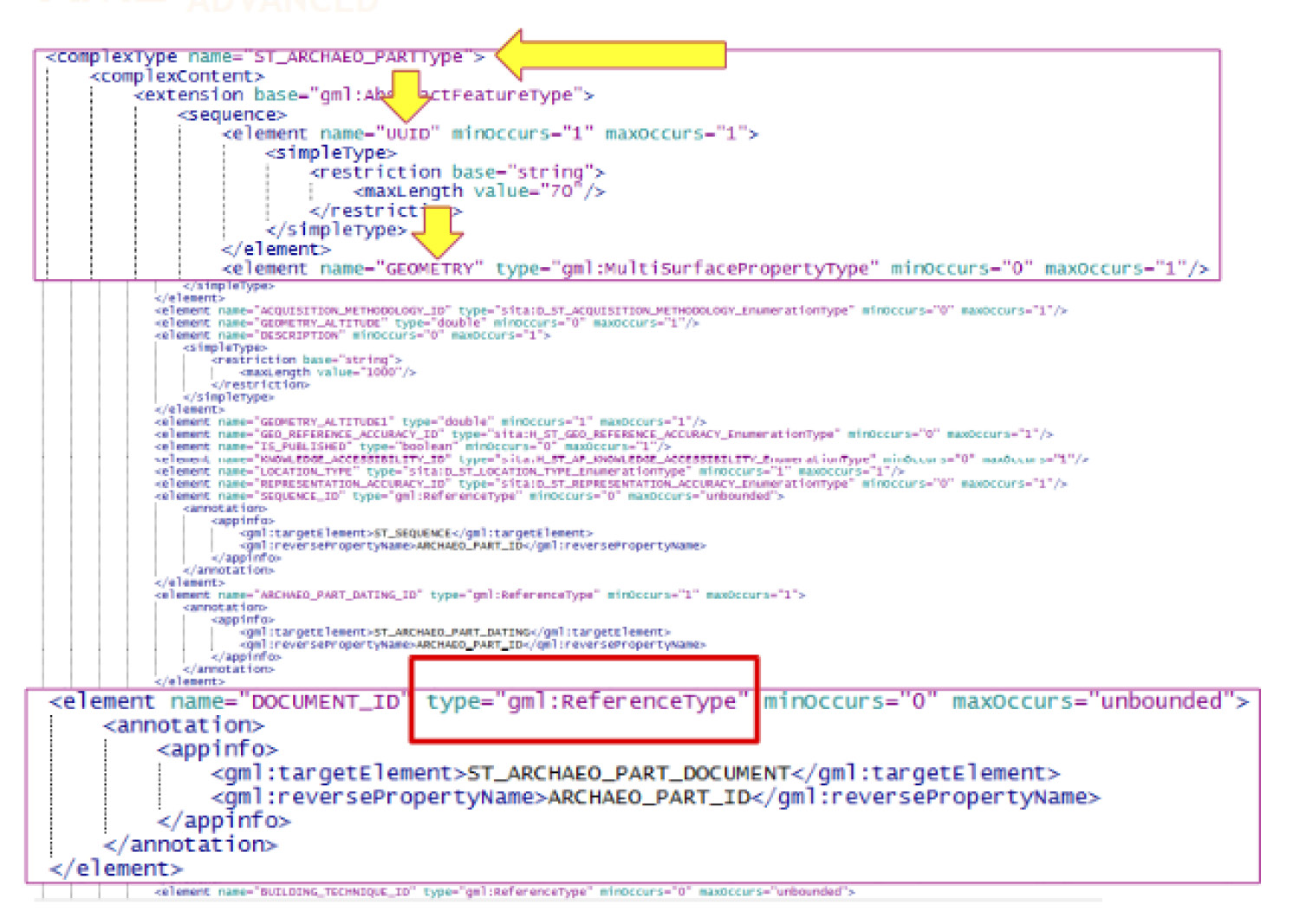 Fig. 7 – Estratto XML relativo alla Partizione Archeologica, XML “complesso”.